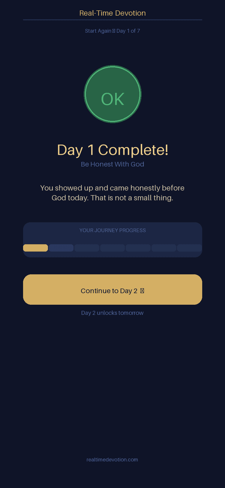 Day 1 complete - well done screen