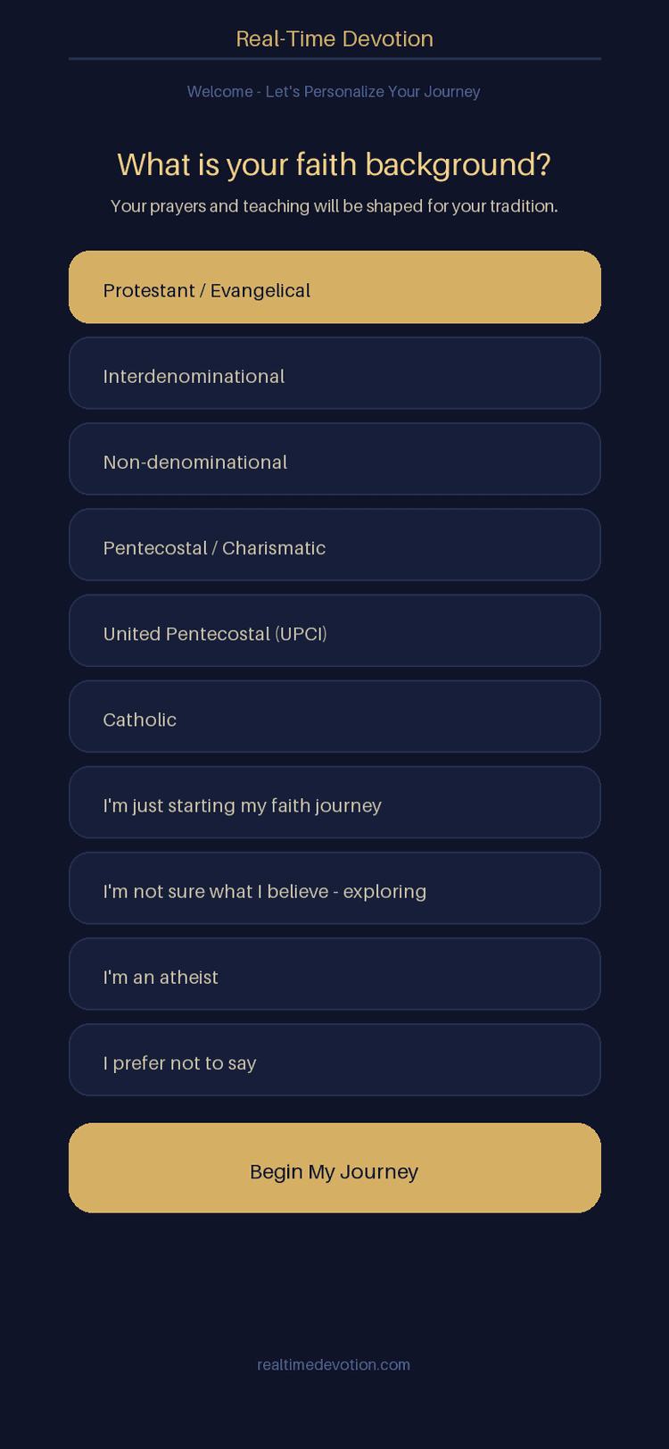 Onboarding - choose your denomination or faith background